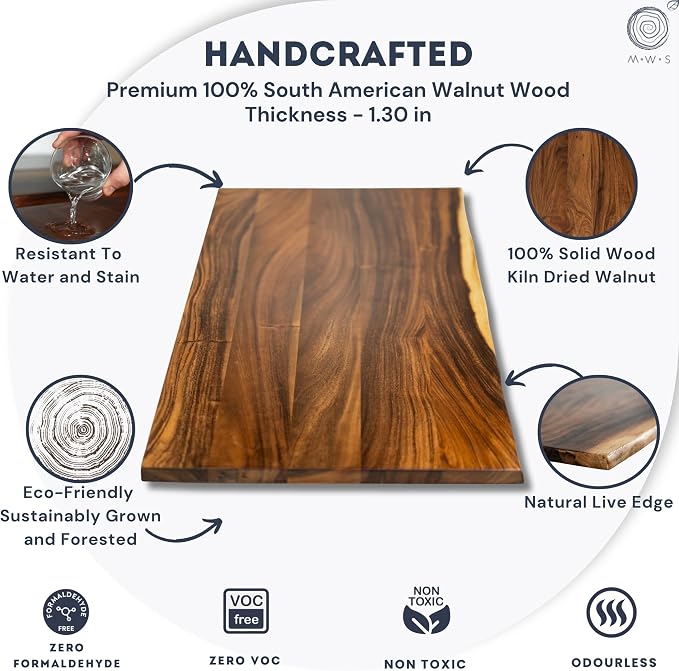 Walnut Solid Wood Table Top – Live Edge Wood Slab for Desktop, Countertop, Laundry, Dining Table, RV Table Top – 27" D x 60" W, Fully Finished and Scratch Resistant