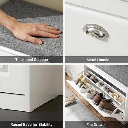 Haotian Shoe Storage Bench with Cushion, White Narrow Shoe Rack for Entryway, Small Shoe Cabinet with Flip-Drawer, Closet Hallway Mudroom FSR82-L-W
