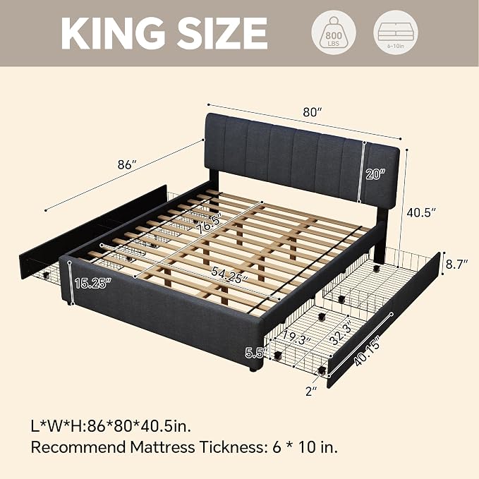 King Size Upholstered Platform Bed with 4 Storage Drawers | 4 Storage Drawers, USB/Type-C Charging,APP-Controlled LED Lights,No Box Spring Needed,Dark Grey Linen Fabric,Easy to Assemble