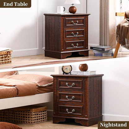 Farmhouse Dresser and Nightstand Sets, 6-Drawer with 7 Drawer Dresser & 3 Drawer Nightstand Sets, 3 Pieces Rustic Wood Bedroom Furniture Set for Home, Bedroom, Hallway(Dark Brown)
