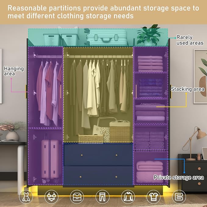 jiteentarou 4 Door Wardrobe Closet with Mirrors and LED Lights, Bedroom Armoire with Drawers and Shelves, Modern Wooden Armoire Wardrobe Closet with Hanging Rod for Bedroom, Black