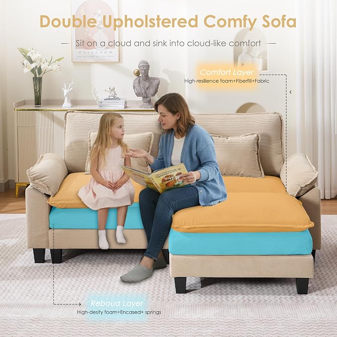 87" Corduroy Modular Sectional Sofa, Convertible L Shaped Modular Sofa Comfy Cloud Couch with Ottoman, Side Pockets and 2 Throw Pillows for Living Room, Kahki, 3 Seats