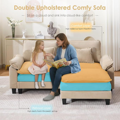 87" Corduroy Modular Sectional Sofa, Convertible L Shaped Modular Sofa Comfy Cloud Couch with Ottoman, Side Pockets and 2 Throw Pillows for Living Room, Kahki, 3 Seats