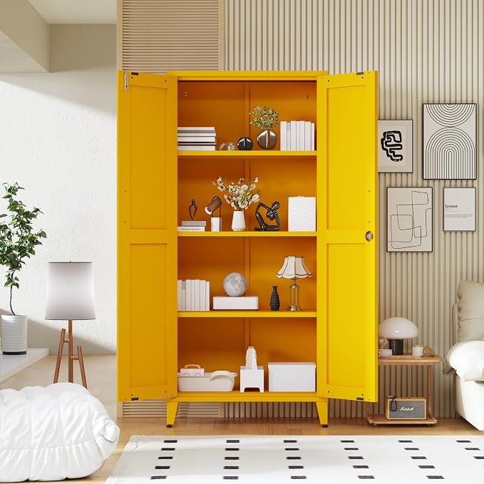 61" Tall Farmhouse Metal Storage Cabinet, Kitchen Pantry Storage Cabinets with 2 Barn Door and 3 Adjustable Shelves, for Home, Office, Kitchen, Laundry Room, Kids Room, Entryway, Yellow