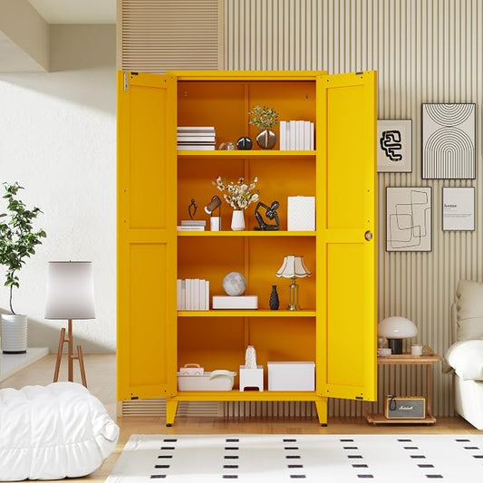 61" Tall Farmhouse Metal Storage Cabinet, Kitchen Pantry Storage Cabinets with 2 Barn Door and 3 Adjustable Shelves, for Home, Office, Kitchen, Laundry Room, Kids Room, Entryway, Yellow