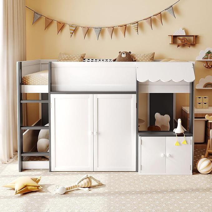 Bellemave Full Size Low loft Bed for Kids,Wood Modern Farmhouse Full Loft Bed with Storage Cabinets, No Box Spring Needed, White+Gray