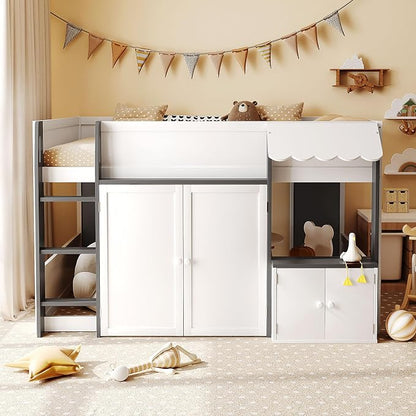 Bellemave Full Size Low loft Bed for Kids,Wood Modern Farmhouse Full Loft Bed with Storage Cabinets, No Box Spring Needed, White+Gray