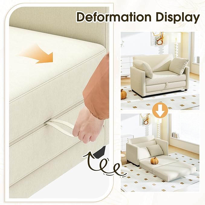 Myroyalsit 51" Convertible Sofa Bed, 2 in1 Folding Sofa Bed, Loveseat Sleeper Sofa for Small Spaces, Fold Out Floor Couch with 2 Pillows for Apartment, Living Room & Guest Room, Beige Chenille Fabric
