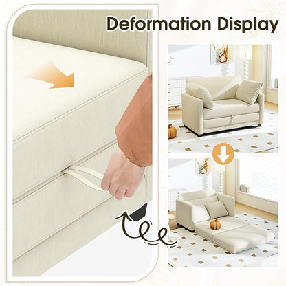 Myroyalsit 51" Convertible Sofa Bed, 2 in1 Folding Sofa Bed, Loveseat Sleeper Sofa for Small Spaces, Fold Out Floor Couch with 2 Pillows for Apartment, Living Room & Guest Room, Beige Chenille Fabric