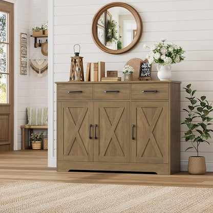 HOSTACK Modern Farmhouse Buffet Sideboard Cabinet, Barn Doors Storage Cabinet with Drawers and Shelves, Wood Coffee Bar Station for Dining Room, Kitchen, Living Room, Rustic Brown