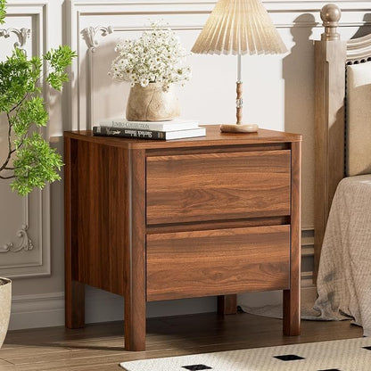 Walnut Mid-Century Modern 3 Piece Bedroom Furniture Set, 6 Drawer Dresser with Handleless Wood Grain Design and Nightstands Set of 2, Minimalist Storage Dresser for Bedroom