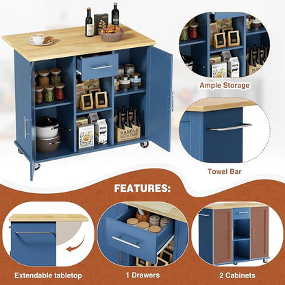 JY QAQA 42" Kitchen Island with Storage on Wheels, Rolling Table with Drop Leaf, Drawers, Cart Handle for Towel Rack or Free Movement, Blue
