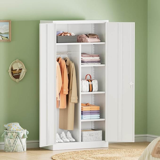 INTERGREAT Metal Wardrobe Closet, 71" White Locking Storage Wardrobe Cabinet with Doors and Shelves, Tall Steel Clothes Storage for Office, Home, School, Gym