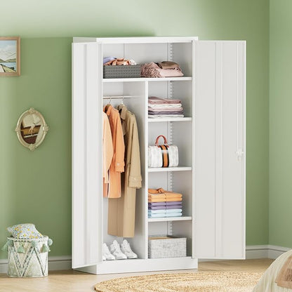 INTERGREAT Metal Wardrobe Closet, 71" White Locking Storage Wardrobe Cabinet with Doors and Shelves, Tall Steel Clothes Storage for Office, Home, School, Gym