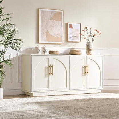 Fatmok Buffet Cabinet with Storage, 59'' Modern Arched Sideboard Cabinet w/Adjustable Shelves, Wood Media TV Console Table Credenza for Living Room Hallway Entryway, Beige(Not White)