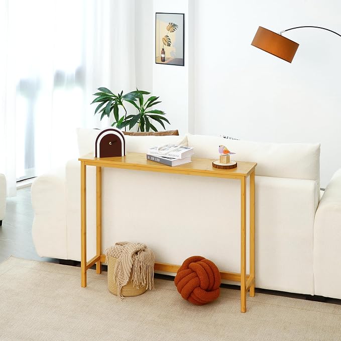 Bamboo Narrow Console Table, 39.4"(L) Wood Small Entryway Table, Accent Slim Hallway Tables, Thin Sofa Side Tables for Hallway, Living Room, Bedroom, Foyer, Burlywood