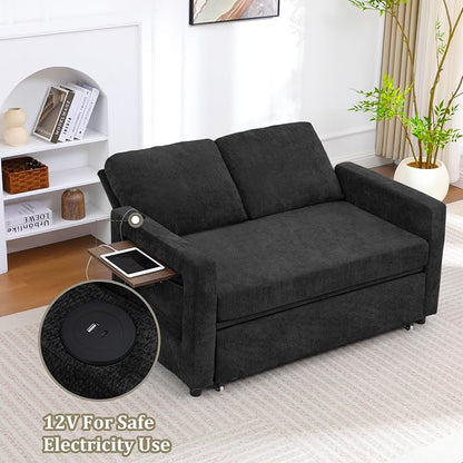 3 in 1 Folding Convertible Sleeper Sofa Bed Pull Out Couch with Side Pockets USB Port Side Table Loveseat Sofa Bed with Adjustable Backrest for Living Room Bedroom 66" Black 2 SEAT