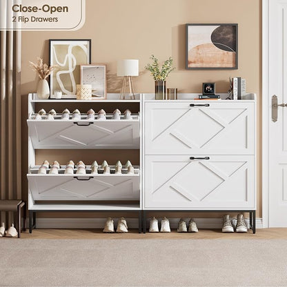 Nicetree Shoe Storage Cabinet with 2 Flip Drawers, Freestanding Shoe Organizer, Shoe Cabinet with Metal Legs, Narrow Shoe Rack Cabinet, Farmhouse Slim Shoe Cabinet for Entryway, Foyer, Hallway, White