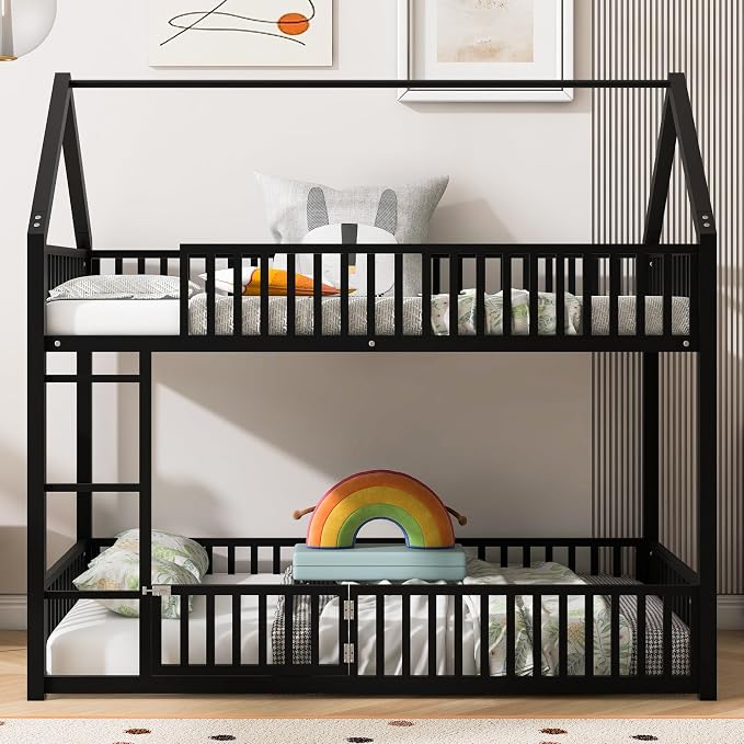 RuiSiSi Twin Over Twin House Bunk Bed, Metal Floor Bunk Beds with Safety Guardrails and Roof for Kids, Twin Bunk Bed Frame with Fenced Rails for Bedroom, No Box Spring Needed, Black