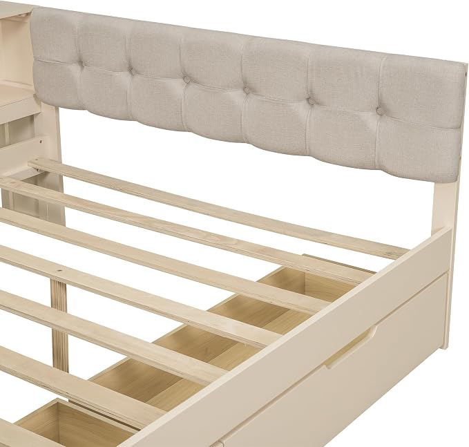 Bellemave Full Size Corner Bed Frame with Storage Shelves and Desk, Wood Full Daybed with Bookcase and Drawers and Upholstered Headboard, Cream