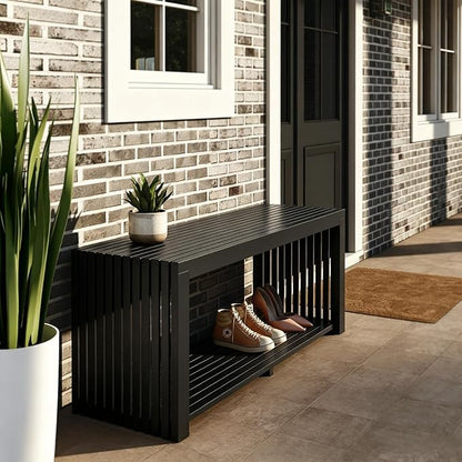 Bamboo Bench with Shelf, 35'' Entryway Bench Seat, Black | Shoe Bench for Entryway, Hallway, Doorway, Modern Benches for End of Bed Bench, Low Bench for Window