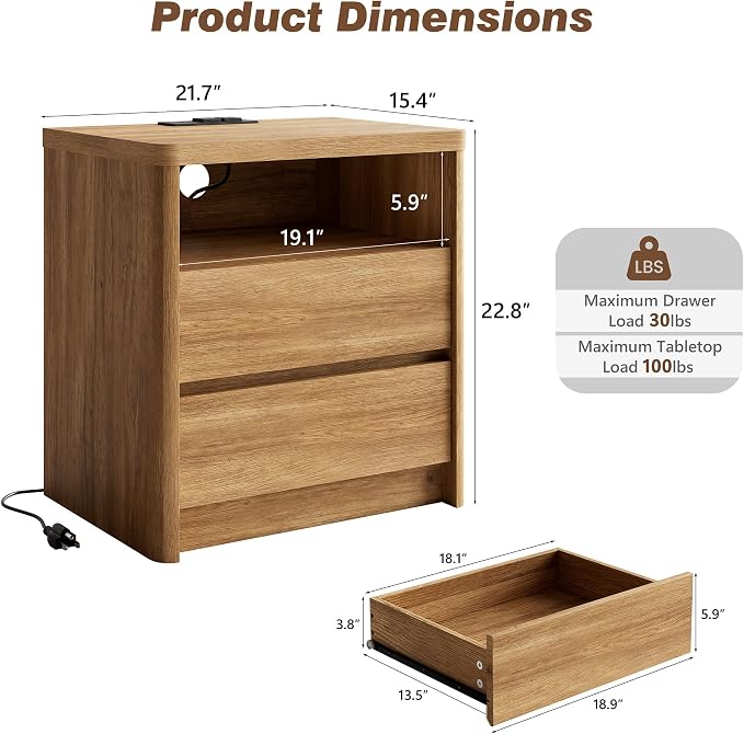 NowMais 3 Pieces of Dresser and Nightstand Set,55 Inch Width 9-Drawer Dresser & 2-Drawer Nightstands Set of 2,Nightstand with USB&Type C Charging Station&Outlets, Modern Design for Bedroom,Natural Oak