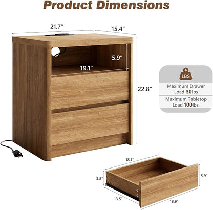 NowMais 3 Pieces of Dresser and Nightstand Set,55 Inch Width 9-Drawer Dresser & 2-Drawer Nightstands Set of 2,Nightstand with USB&Type C Charging Station&Outlets, Modern Design for Bedroom,Natural Oak