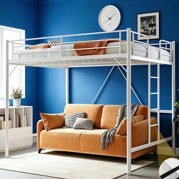 VINGLI Queen Loft Bed with Flat Rungs for Adults, Kids and Young Teens, No Box Spring Required,Heavy Duty Metal Slat Support, White