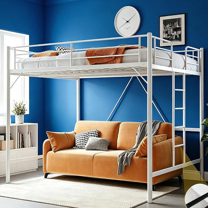 VINGLI Queen Loft Bed with Flat Rungs for Adults, Kids and Young Teens, No Box Spring Required,Heavy Duty Metal Slat Support, White