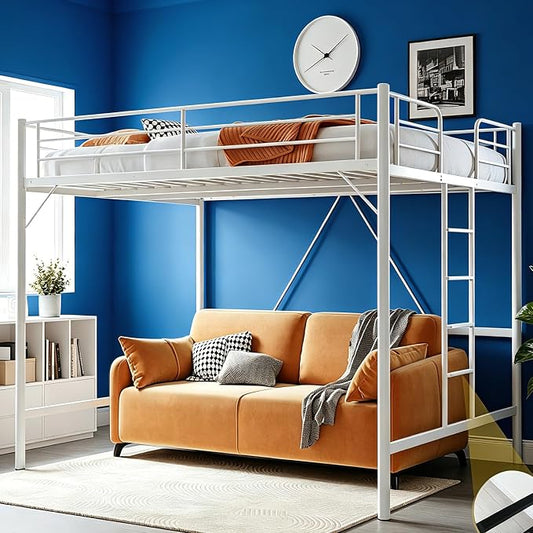 VINGLI Queen Loft Bed with Flat Rungs for Adults, Kids and Young Teens, No Box Spring Required,Heavy Duty Metal Slat Support, White