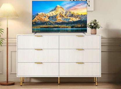 White Fluted 6 Drawers Dresser for Bedroom with Gold Handle, 56" Wide Modern Wooden Chest of Drawers, Bedrooms Tv Stand Storage Organizer Dressers for Living Room Closet