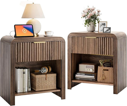 Decofy Fluted Nightstand with Charging Station, Modern Bedroom Side Table with Gold Handles, Curved Profile Design, End Table Wood Organizer for Bedroom, Open Shelf & 1 Drawers (2 Pack, Walnut)