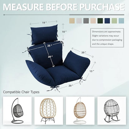 Egg Chair Cushion with 8 Securing Straps, Water-Repellent & Fade-Resistant Faux Linen, Removable Cover, Replacement Cushion for Most Single Outdoor Hanging Swing Egg Chairs – Navy