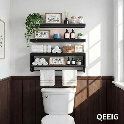 QEEIG Bathroom Floating Shelves for Wall - Shelf Over Toilet Paper Storage Farmhouse 32 inch Long Set of 3, Black (028-80B3)