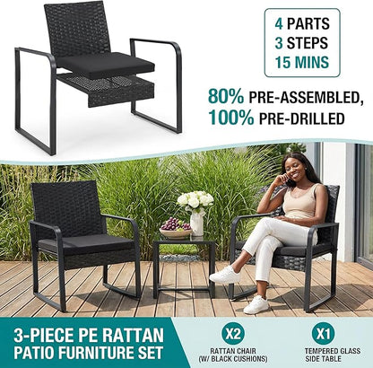 Bezseller 3 Piece Outdoor Patio Furniture Set, Patio Bistro Set Wicker Conversation Set, Modern Rattan Chair with Glass Coffee Table for Backyard, Porches, Poolside, Lawn and Balcony
