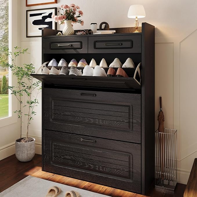 Shoe Cabinet with 3 Large Flip Drawers and 2 Storage Drawers, Narrow Shoe Organizer Cabinet Fits for Kinds of Shoes, Slim Shoe Storage Cabinet for Entryway, Hallway, Black