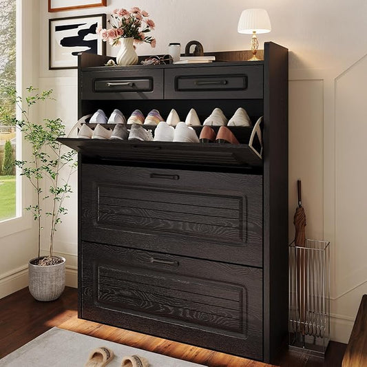 Shoe Cabinet with 3 Large Flip Drawers and 2 Storage Drawers, Narrow Shoe Organizer Cabinet Fits for Kinds of Shoes, Slim Shoe Storage Cabinet for Entryway, Hallway, Black