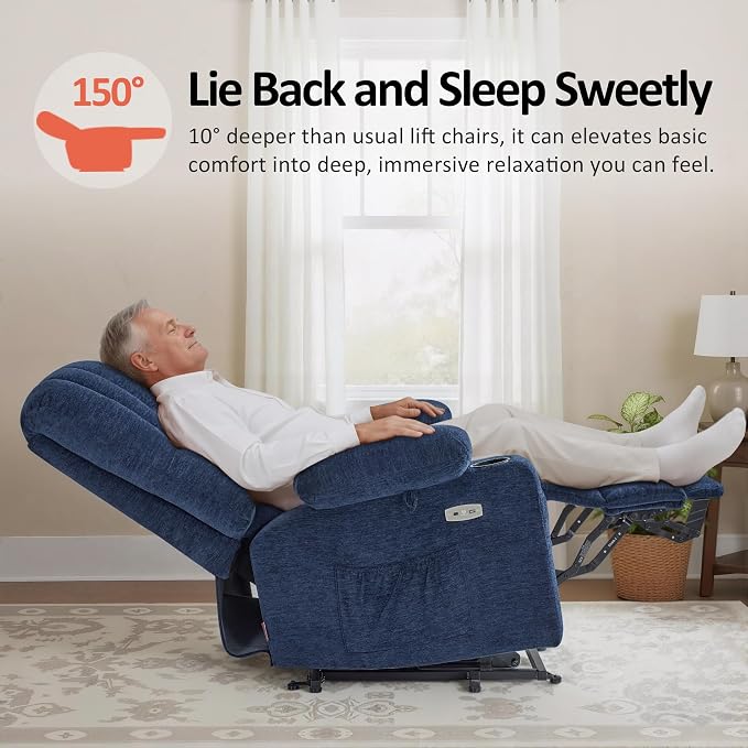MCombo Large Power Lift Recliner Chair for Elderly, Lift Chair with Heat and Massage, 3 Positions, USB Charge Ports, Cup Holders, Fabric 7099 (Large, Navy Blue)