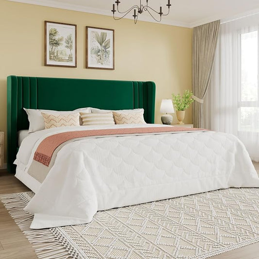 SHA CERLIN King Size Velvet Upholstered Platform Bed Frame with Vertical Channel Tufted Wingback Headboard, Wooden Slats Support, Easy Assembly, Under Bed Storage, No Box Spring Required, Green