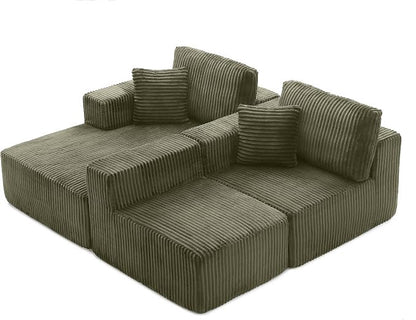 L Shaped Modular Boneless Sectional Couches for Living Room, Wide Armrest, Deep Seat, Memory Foam, Assembly Free, Modern Comfy Corduroy Fluffy Cloud Sofa with Left Chaise, Green