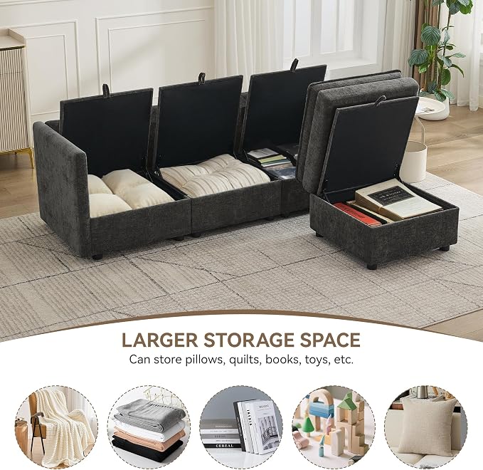 80" Cloud Modular 3 Seater Sofa with Storage Ottoman, Modern Upholstered Storage Sofa Couch Deep Seat, L Shape Sectional Sofa Chenille Comfy Couch with Armrests for Living Room, Small Space, Dark Grey