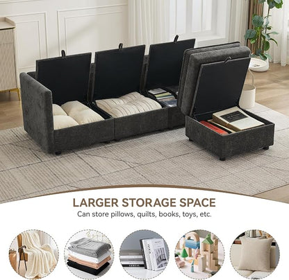 80" Cloud Modular 3 Seater Sofa with Storage Ottoman, Modern Upholstered Storage Sofa Couch Deep Seat, L Shape Sectional Sofa Chenille Comfy Couch with Armrests for Living Room, Small Space, Dark Grey