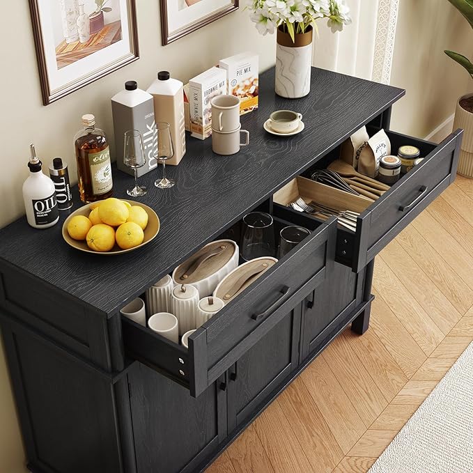 ONBRILL 55 Inch Buffet Cabinet with Storage, Farmhouse Sideboard Buffet w/2 Drawers and 3 Doors, Wood Coffee Bar Cabinet with Adjustable Shelves, Sideboard Storage for Kitchen, Living Room, Black
