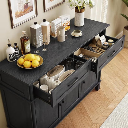 ONBRILL 55 Inch Buffet Cabinet with Storage, Farmhouse Sideboard Buffet w/2 Drawers and 3 Doors, Wood Coffee Bar Cabinet with Adjustable Shelves, Sideboard Storage for Kitchen, Living Room, Black