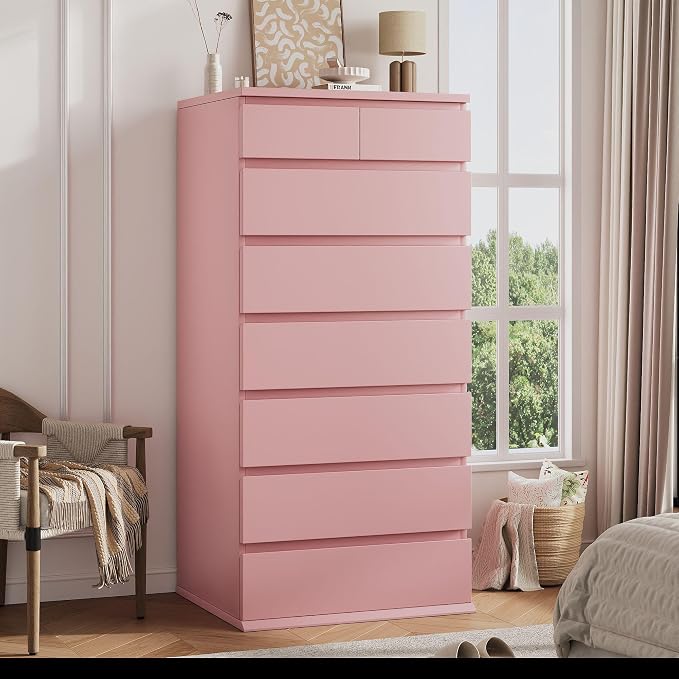 Jocoevol Pink Tall 8 Drawer Dresser for Bedroom,Dressers & Chests of Drawers with Jewelry Storage,Wood Storage Dresser with Deep Drawers for Living Room Hallway Entryway(55.3" L*23.6" W*15.7")