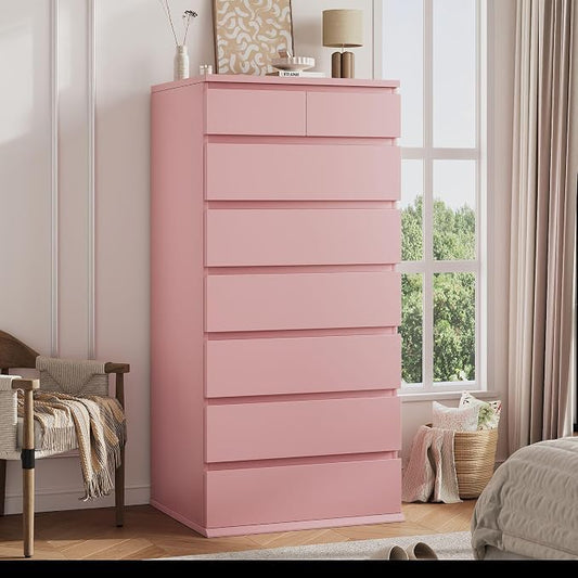 Jocoevol Pink Tall 8 Drawer Dresser for Bedroom,Dressers & Chests of Drawers with Jewelry Storage,Wood Storage Dresser with Deep Drawers for Living Room Hallway Entryway(55.3" L*23.6" W*15.7")