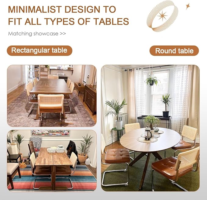 Zesthouse Natural Rattan Dining Chairs Set of 4, Mid Century Modern Dining Room Chairs with Chrome Leg, Faux Leather Kitchen Chair with Solid Wood Back & Cane Mesh, Breuer Cesca Design Inspired, Brown