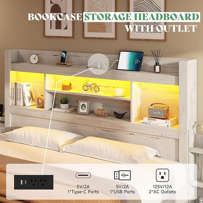 AMERLIFE Full Bed Frame with 4 Storage Drawers, LED Bed Frame with 49.6" Tall Bookcase Headboard, Wood Platform Bed with Charging Station & 2 Slide Bedside Shelf, No Box Spring Needed/Distressed White