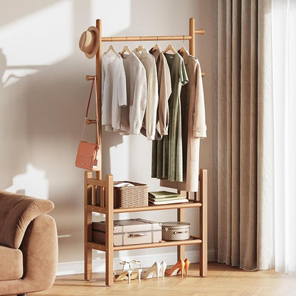 Yoobure Solid Wood Clothing Rack with Shelves - Coat Rack Freestanding with 6 Hooks, 3-in-1 Hall Tree for Hanging Clothes, Tall Garment Racks with Storage for Bedroom, Entryway, Living Room, Closet
