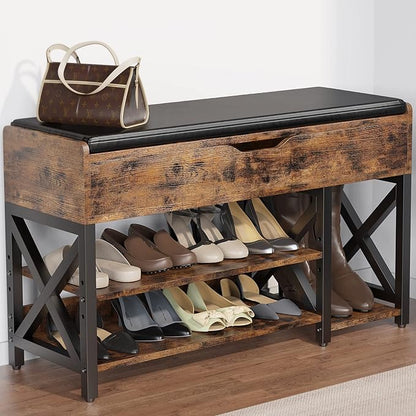 Shoe Bench, Lift Top Shoe Storage Bench, Adjustable Shelf Entryway Bench, Metal and Wood Shoe Rack Organizer with Cushion for Entry, Bedroom, Closet, Living Room, Hallway (Brown, 35.5“W)